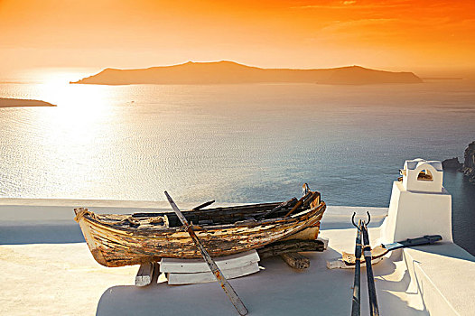 休闲,生活,日落,老,退休,船,锡拉岛,希腊