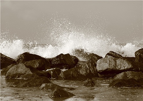 安静,水,后面,大石头,海滩