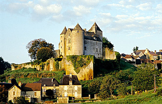 中世纪,城堡,高处,乡村,朝日,佩里戈尔,法国,欧洲