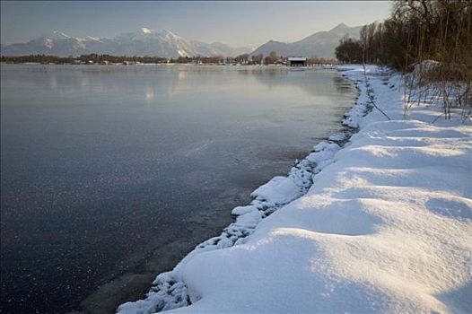 雪,湖岸,湖,基姆湖,正面,巴伐利亚,德国