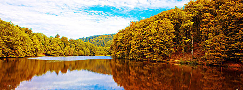 湖,秋日树林,反射