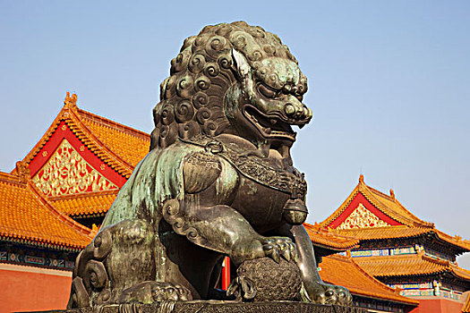 中国,北京,故宫,青铜,狮子,雕塑,正面