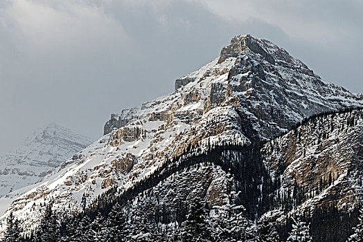 崎岖,山峰,雪,阴天,路易斯湖,艾伯塔省,加拿大