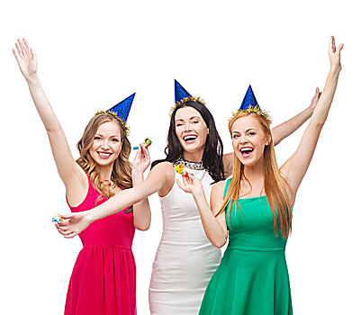 庆贺,朋友,单身派对,生日,概念,三个,微笑,女人,穿,蓝色,帽子,吹,挥手