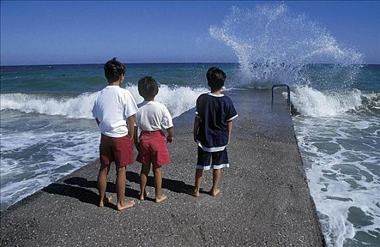 孩子,看,海浪,海洋