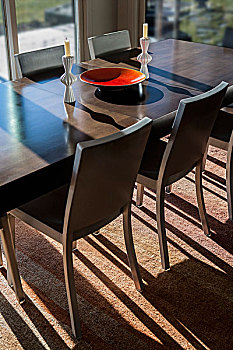 大,橙色,碗,蜡烛,餐厅,桌子,现代,铝,椅子