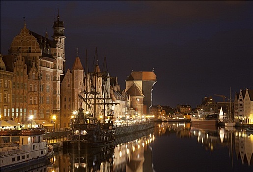 中世纪,港口,起重机,格丹斯克,夜晚,波兰