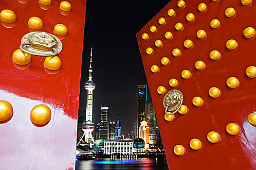 红色,中国,门,打开,背景,上海,天际线,夜景
