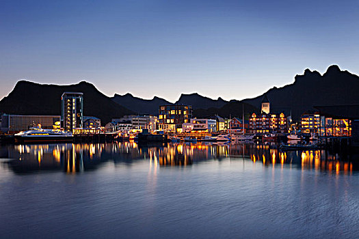 城镇,港口,蓝色,钟点,夜晚,罗弗敦群岛,挪威