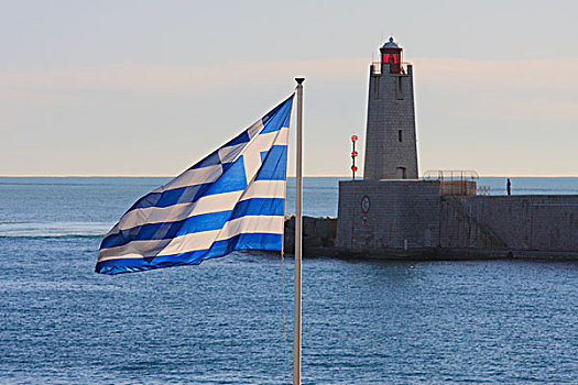 旗帜,希腊,灯塔,港口,美好,沿岸地区,法国南部,法国,欧洲