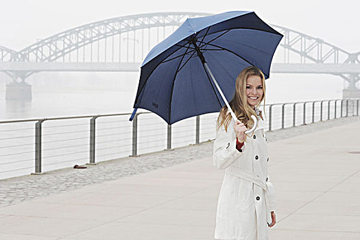 女人,伞,城市,桥