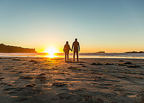情侣,看,日落,长滩,环太平洋国家公园,温哥华岛,不列颠哥伦比亚省,加拿大