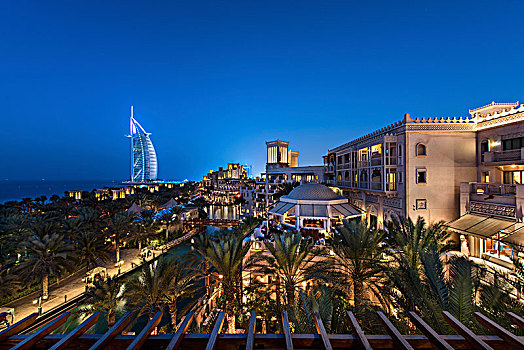城市,迪拜,阿联酋,黄昏,光亮,建筑,帆船酒店,远景