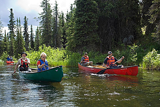 情侣,男人,女人,独木舟,涉水,北美驯鹿,溪流,河,育空地区,加拿大