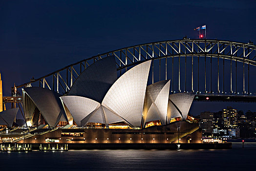 悉尼歌剧院,正面,海港大桥,夜晚,悉尼,新南威尔士,澳大利亚,大洋洲