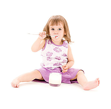 小女孩,吃饭,酸奶,上方,白人