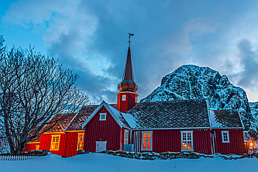 教堂,夜晚,罗浮敦群岛,挪威,欧洲