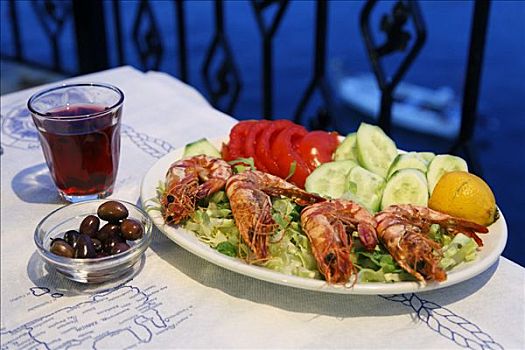 虾,沙拉,橄榄,红酒,克里特岛,希腊
