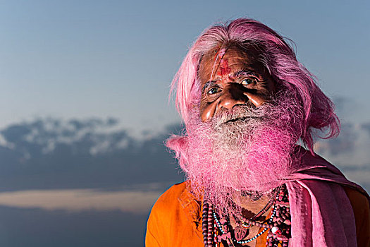 头像,老人,粉色,胡须,节日,北方邦,印度,亚洲
