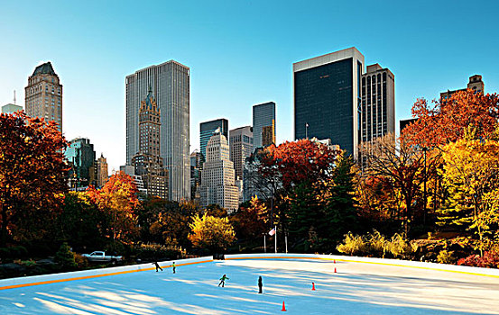 中央公园,秋天,滑冰场,市中心,天际线,曼哈顿,纽约
