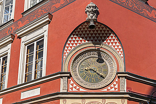 老,钟表,墙壁,市场,广场,老城,华沙,波兰