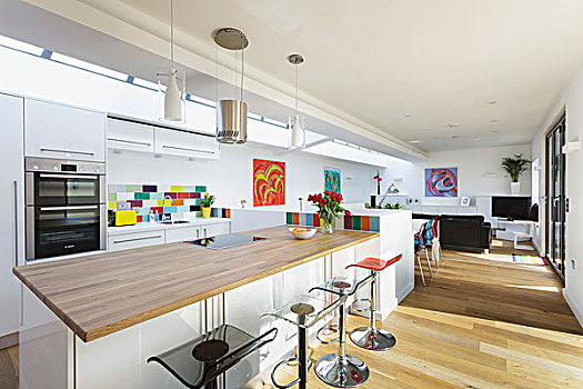 厨房操作台,苍白,木头,吧椅,室内