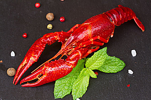 红色,小龙虾,调味品,黑色背景,木板