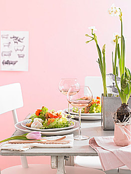 桌子,沙拉,葡萄酒,春花,复活节
