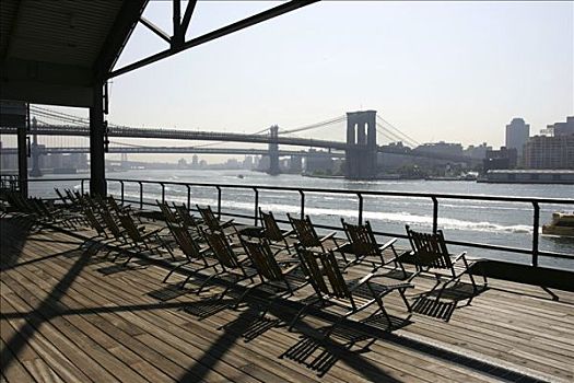 美国,纽约,码头,南街海港,椅子,眺望台,东河