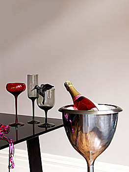 瓶子,玫瑰,香槟,冷却器,玻璃杯,黑色,桌子