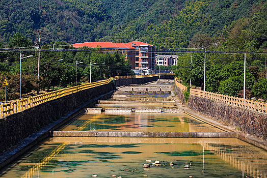 龙观,山下村,堰坝,小溪,水,房子,楼房,新农村,民居,山村,绿色,植被