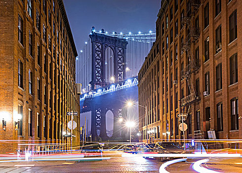 曼哈顿大桥,城市,公寓,夜晚,纽约,美国
