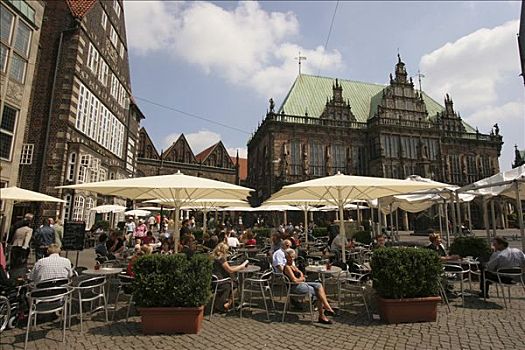街边咖啡厅,市场,正面,市政厅,不莱梅,德国,欧洲