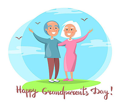 高兴,祖父母,白天,情侣,一起,户外,海报,老年,夫妻,消费,时间,鸟,飞翔,天空,矢量,插画,明信片,圆,白色背景