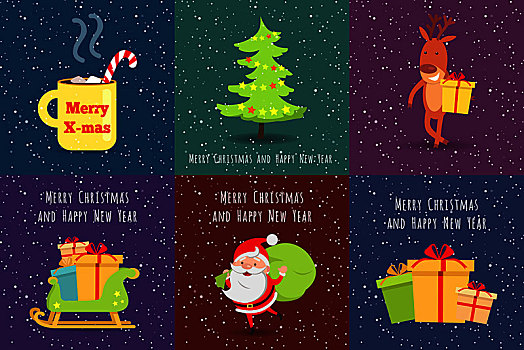 圣诞快乐,新年快乐,象征,高兴,圣诞,黄色,杯子,圣诞树,鹿,礼盒,木质,雪撬,许多,盒子,礼物,圣诞老人,绿色,袋,矢量