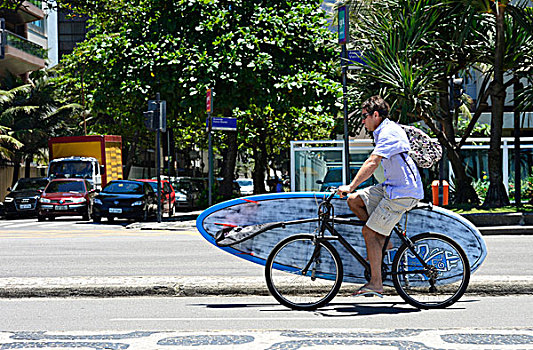男人,自行车,冲浪板,里约热内卢,巴西,南美