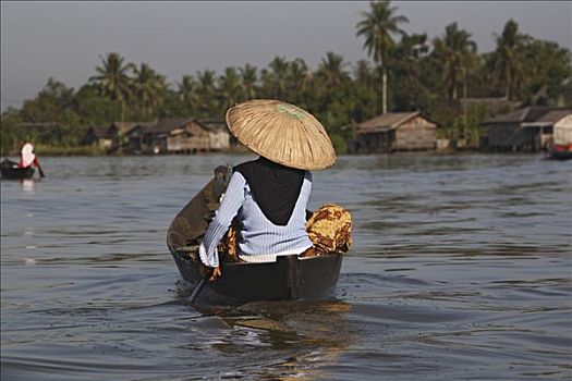 女人,途中,水上市场,靠近,婆罗洲,印度尼西亚