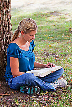 女人,读,圣经,公园,旁侧,艾伯塔省,加拿大