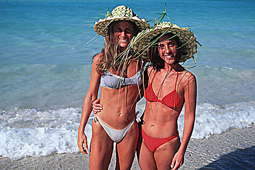 墨西哥,尤卡坦半岛,海滩,坎昆,女青年,草帽
