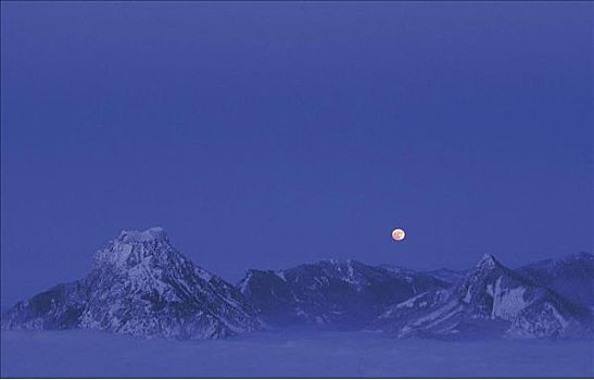 月出,月亮,特劳恩湖,山,顶端,云,萨尔茨卡莫古特,欧洲