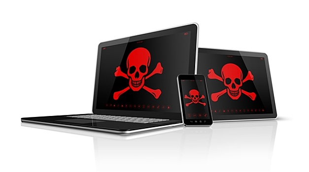 笔记本电脑,平板电脑,智能手机,海盗,象征,显示屏,黑客攻击,概念
