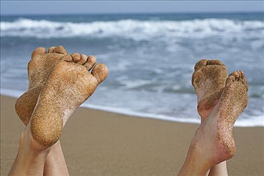 一对,沙,脚,海滩