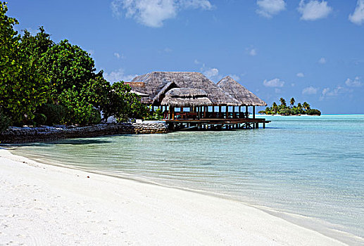 海滩,棕榈树,餐馆,泻湖,海洋,岛屿,南马累环礁,马尔代夫,群岛,印度洋,亚洲
