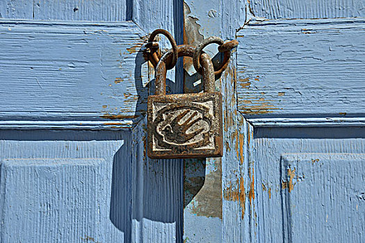挂锁,鸽子,门把手,灯光,蓝色,门,锡拉岛,基克拉迪群岛,希腊群岛,希腊,欧洲