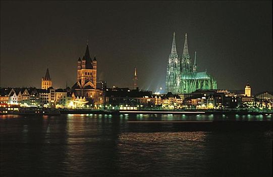 科隆,夜晚,莱茵河,教堂,天际线,晚间,气氛,光亮,德国,欧洲,世界遗产