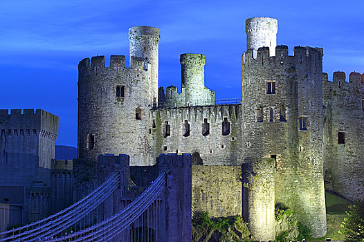 威尔士,康威城堡,夜晚,建造,局部,国王,北威尔士