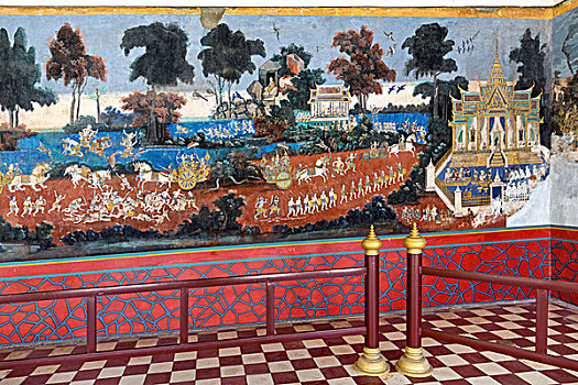 壁画,罗摩衍那,银,塔,皇宫,金边,柬埔寨,亚洲