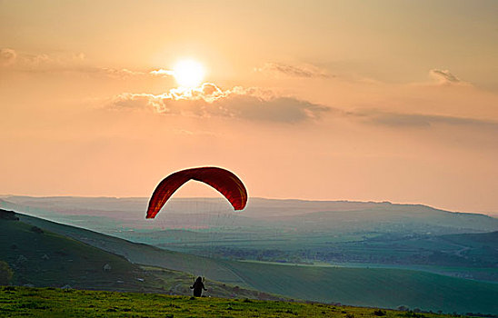 孤单,滑翔伞,夕阳,上方,风景