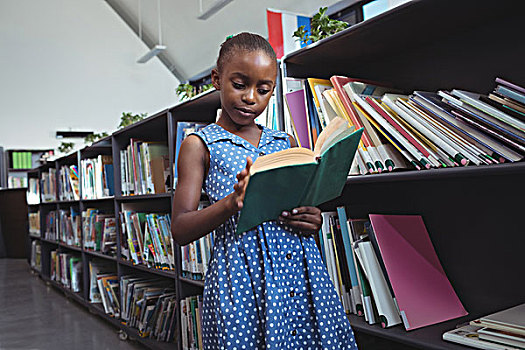 女孩,读,书本,书架,图书馆,站立