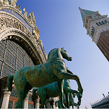 四个,青铜,马,雕塑,正面,圣马可教堂,圣马科,威尼斯